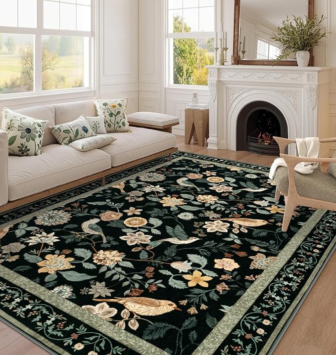 Floral Washable 8x10 Area Rugs for Living Room, Boho Birds Black/Beige Large Bedroom Rug Soft Non-Slip Vintage Dining Room Rug, Low Pile Botanical Floor Carpet for Kids Room Classroom