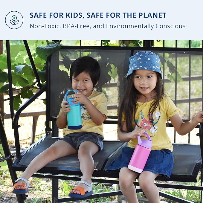 Re-Play 12 oz Water Bottle for Kids - Vacuum-Insulated Stainless Steel Tumbler with Flip-Straw, Silicone Base and Handle - Spill and Leak-Proof Design, Dishwasher and Freezer Safe, True Blue