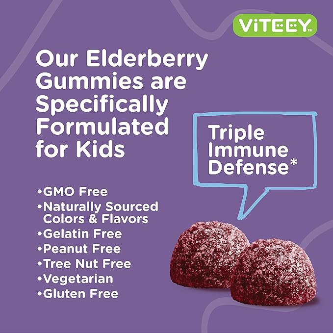 Viteey Sambucus Elderberry Gummies for Kids Immune Support Supplements with Vitamin D3 & Vitamin C 3-1 Immune Booster - Vegetarian, Gelatin Free, Gluten Free, GMO Free - Tasty Chewable Berry Flavored