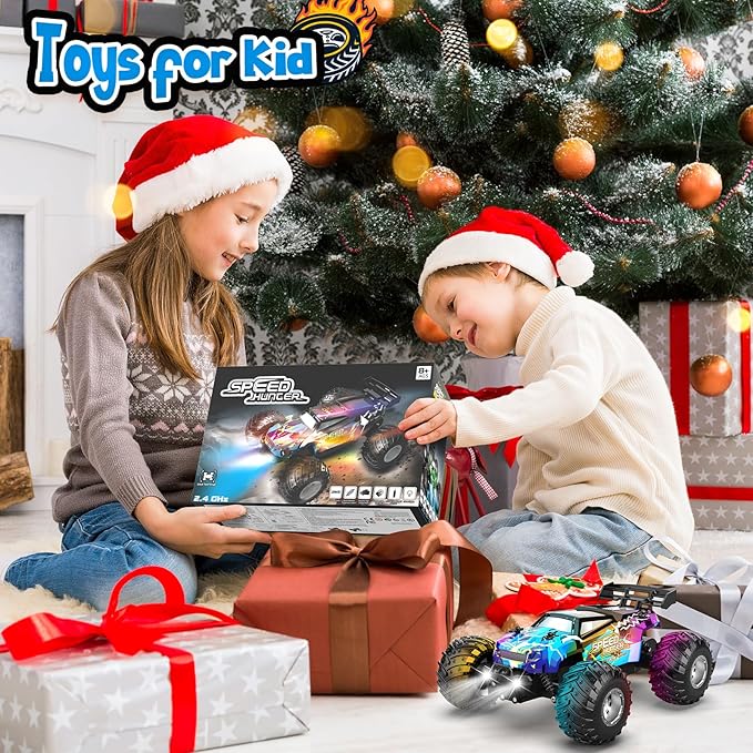 Remote Control Car, All Terrain Remote Control Truck for Boy, 2.4GHz Rc Car with Bodylight and Two Rechargeable Batteries, 20KM/H Monster Truck Toys