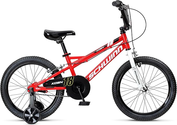 Schwinn Koen BMX Style Toddler and Kids Bike, For Girls and Boys, 18-Inch Wheels, With Training Wheels, Chain Guard, and Number Plate, Recommended Height 42-52 Inch, Red