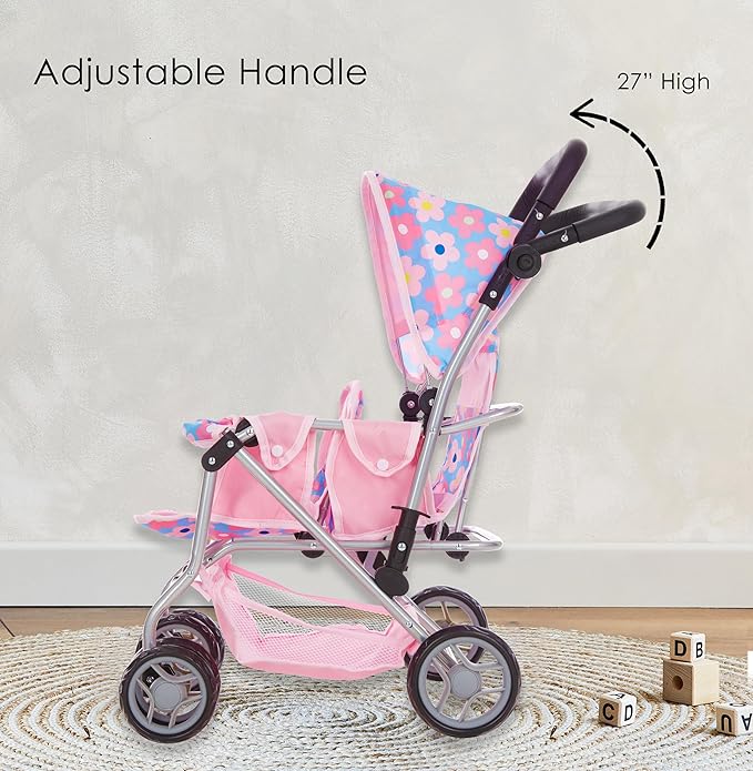 Baby Doll Double Stroller, Twin Buggy Carriage Pretend Play for Girls Kids Toddlers 27 Inches High Rotating Wheels Storage Basket Diaper Bag Blue