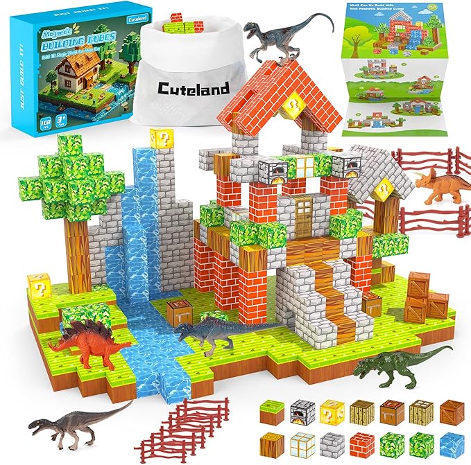 Magnetic Blocks 108PCS Building Set for Boys 6-8 With 6 Dinosaur Toys - Creative Games for Kids 6+ Years Old