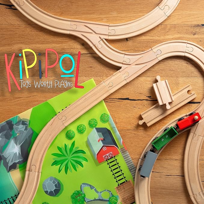 Wooden Train Tracks Set - 52 pcs+Bonus Railroad Map –Compatible W All Major Wooden Railway Toy Brands Including: Thomas The Train Track Set, Brio Train, Melissa and Doug Train Set for Kids 3+