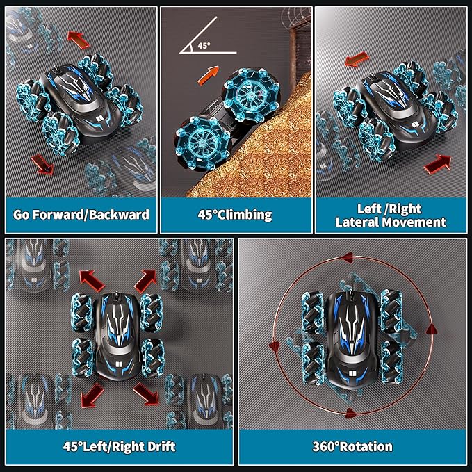 2.4GHz RC Stunt Car,4WD Double-Sided Gesture Sensing RC Cars,360°Flips Remote Control Car with Lights and Music for Boys Kids Birthday Gifts Age 6-12 Year Old (Blue