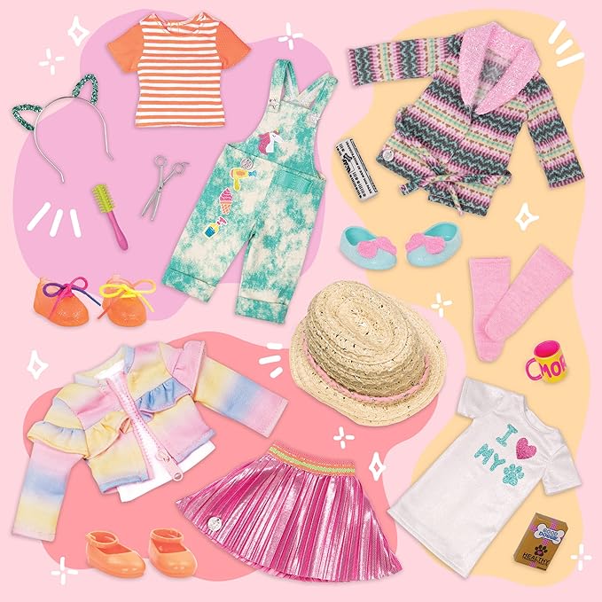 Glitter Girls – 14-inch Doll Style Bundle – 3 Fashion Outfits – Rainbow Jacket, Cat-Ears, Sweater Dress – Clothes & Accessories – GG Fashion Pack – 3 Years +