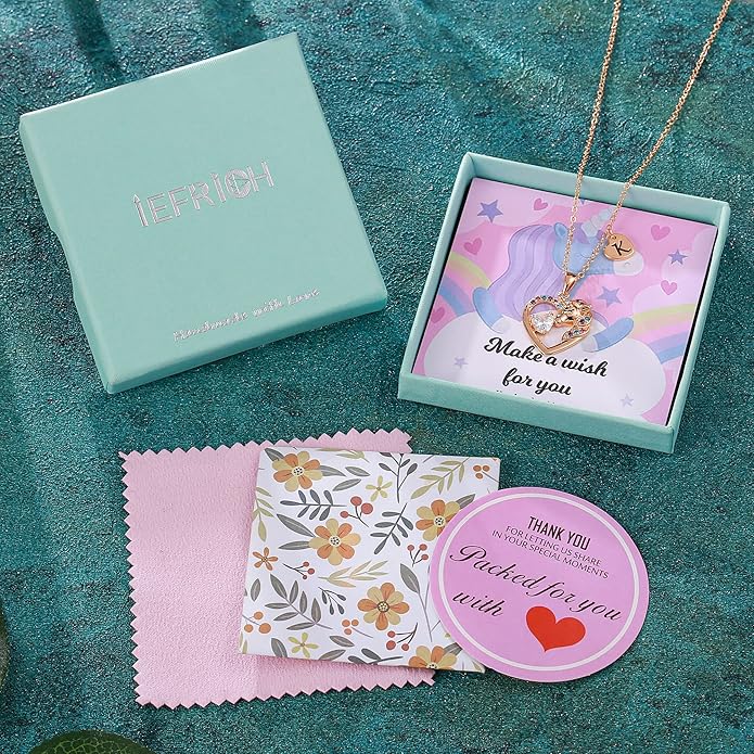 Necklace for Girls Kids Gifts - Colorful CZ Heart Initial Necklaces Unicorn Necklace for Girls Jewelry Birthday Graduation Gifts for Little Girl Kids
