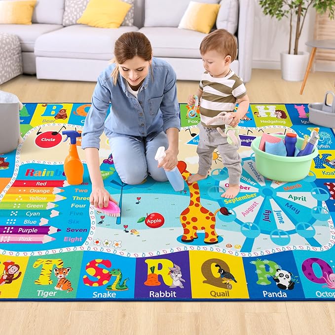 Chicrug Educational Kid Area Rug for Playroom, 7x10 Feet TPR Non Slip Kids Classroom Carpet Rug for Learning ABC Animal,Shape Color Fruit, Washable Play Mat Rug for Children Nursery Toddler Room Decor