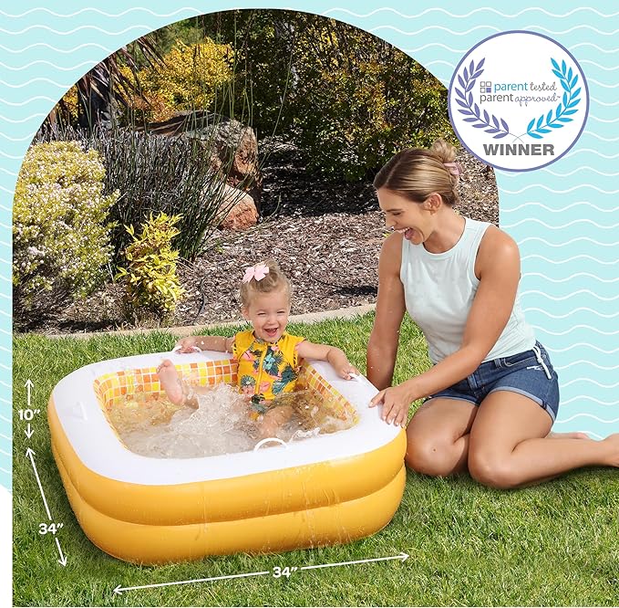 Baby and Toddler Pool with Cushioned Floor, Handles & Drain, 34"x10" Skin Safe Small Square Inflatable Kiddie Pool Portable Bathtub and Ball Pit, Summer Outdoor Gift for Babies, Infants & Toddlers 1-3