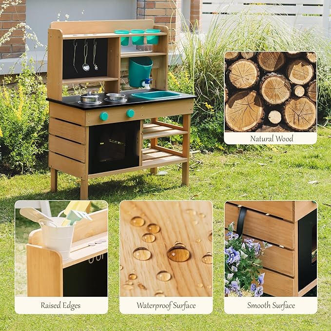 Mud Kitchen for Kids Outdoor – Wooden Pretend Play Kitchen Set with Realistic Stove, Sink & Gardening Tools | Montessori Learning Playset Toy for Toddler Ages 3+