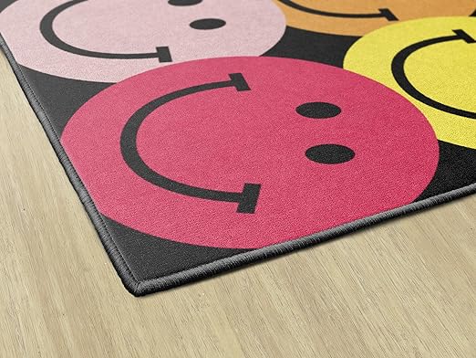 Flagship Carpets Schoolgirl Style Big Rainbow Smiley Faces Educational Area Rug for Kids Room Seating Décor, Children's Classroom, Play Carpet for Teaching and Playroom, 5' x 7'6", Black & Multi