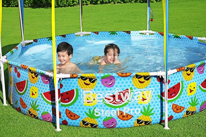 H2OGO! Kids Splash-in-Shade 8-Foot Round Steel Frame Above Ground Pool with Water Mister and Canopy Sunshade, Green Tropical Leaf Print