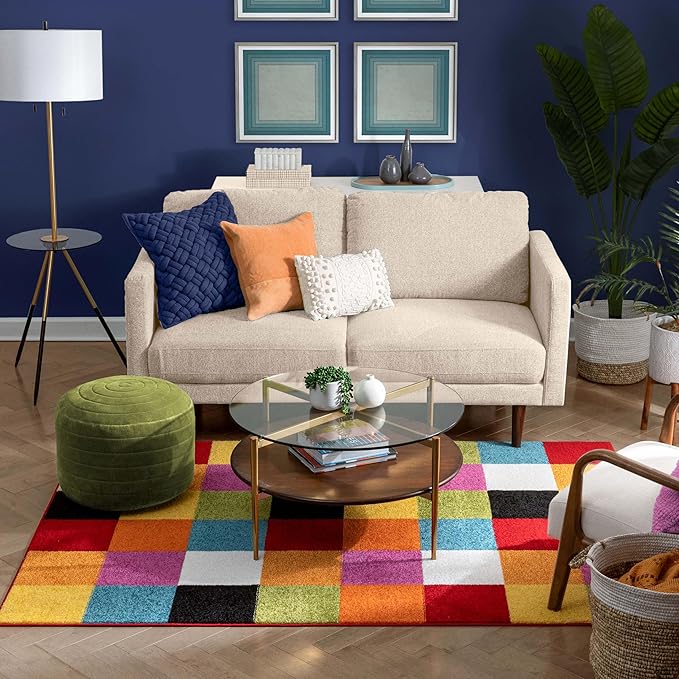 Modern Squares Multi Geometric Area Rug (7'10" x 10'6") Abstract Checkerborad Boxes Bright Living Kid RoomPlayroom Nursery Bedroom Carpet Soft Durable Stain Fade Resistant Shed Free Easy Clean