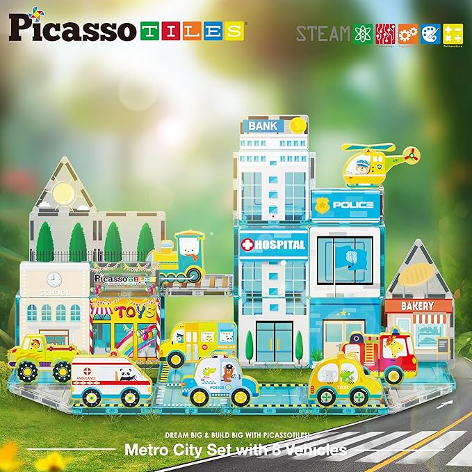 PicassoTiles Magnetic Building Blocks Metro City Town Hospital Theme Toddler Magnet Toys Tiles Play Set with 8 Vehicle Train Truck Character Action Figures STEAM Learning Educational For Ages 3+ PTQ14