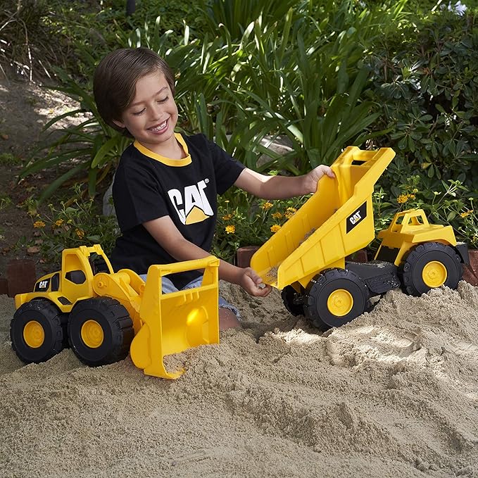 CAT Construction Toys, Tough Rigs 15" Dump Truck & Loader Set Toys 2 Pack Ages 2+, Kid Powered CATerpillar Vehicle Set, Indoor or Outdoor Play, No Batteries Required