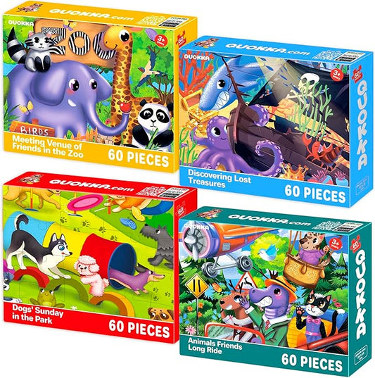 QUOKKA Puzzles for Kids Ages 4-6 - Set of 4x60 Jigsaw Puzzles for Toddlers 3-5 - Zoo, Dogs, Animals Toys for Children 6-8 yo - Gift Educational Game for Boys & Girls