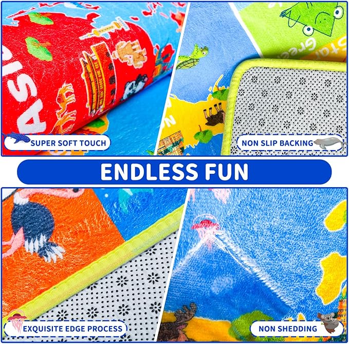 World Map ABC Kid Rug for Playroom Geography 59"×39.4" Classroom Play Rug Educational Baby Playmat Alphabet Rug Primary School Fluffy Ployester Non-Slip Preschool Rug Nursery Room Elementary Learning