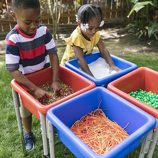 ECR4Kids 4-Station Sand and Water Adjustable Play Table, Sensory Bins, Blue/Red