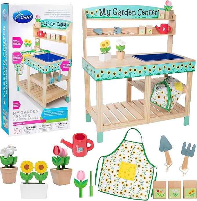 Svan Wooden Toy Gardening Center Indoor Playset - 22 Pc Garden Stand Set w Flowers, Seed Packets, Pots, Shovel Rake Apron Watering Pot- Great Interactive & Fun Pretend Playtime, Gift for Boys Girls