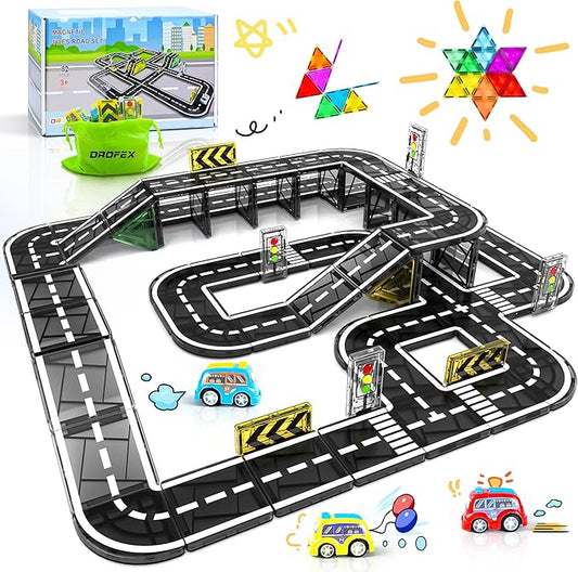 82pcs Magnetic Tiles Road, Magnetic Building Blocks Construction Toys for 3+Year Old Boys Girls, Kids Montessori Toys for Toddler, STEM Learning Gifts