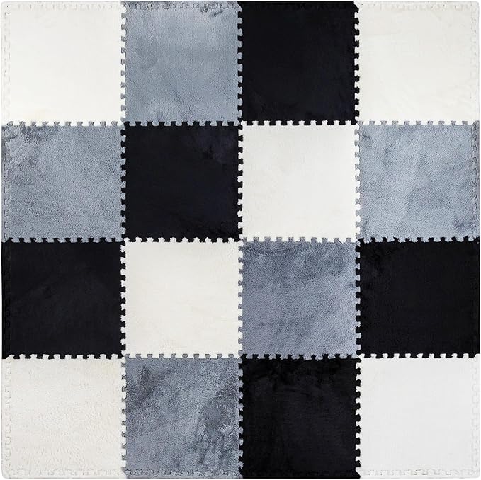 16 Piece Carpet Squares Puzzle Mat 49" x 49" Plush Interlocking Carpet Tiles, Foam Floor Tiles for Baby Play Mat - Kids Soft Play Mats Anti Slip Jigsaw Flooring Playmat Playroom Rug (Black,Gray,White)
