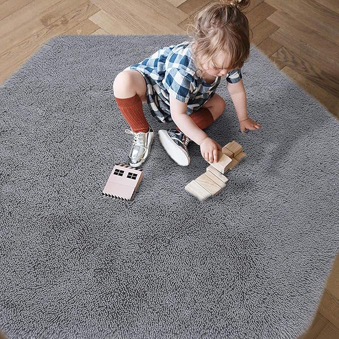 junovo Ultra Soft Rug for Nursery Children Room Baby Room Home Decor Dormitory Hexagon Carpet for Playhouse Princess Tent Kids Play Castle, Diameter 4.6 ft, Grey