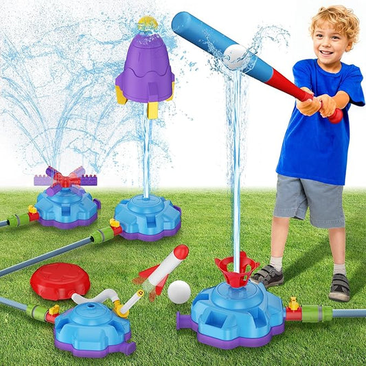 4-in-1 Sprinkler Toys for Kids, Water Outdoor Baseball Rocket Launcher Toy with Water Sprinkler Baseball Toy, Kids Outdoor Sprinkler for Summer Backyard Lawn Pool Party for Ages 3-8 (Blue)