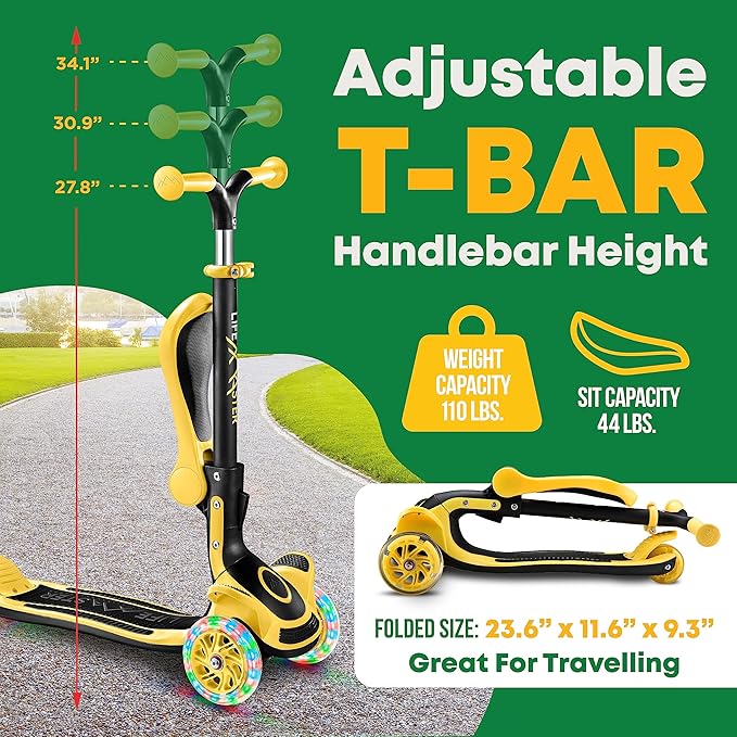 Kids Scooter – Foldable Seat – LED Wheel Lights Illuminate When Rolling – Children and Toddler 3 Wheel Kick Scooter – Adjustable Handlebar – Indoor and Outdoor- by Lifemaster