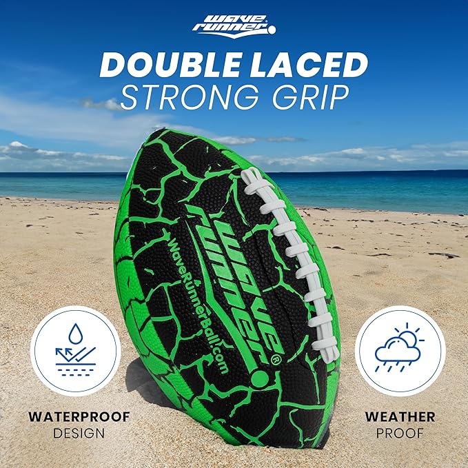 Wave Runner Grip It Waterproof Junior Size Football, 9.25 Size, Durable & Double Laced, Perfect for Beach Accessories, Kids Games, Pool Toys, Outdoor Games, All-Weather Indoor & Outdoor Play