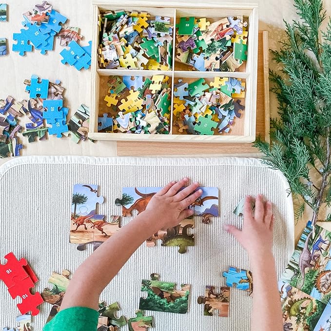 Wooden Puzzles for Kids Ages 4-8, Dinosaurs 4-in-1 Jigsaw Puzzles in a Wood Storage Box, 24 48 60 88 Pieces Dinosaur Puzzles Toys for Toddlers Kids Ages 3 4 5 6