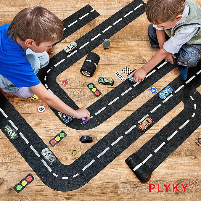 Deluxe Road Tape Play Set - 2x33ft Extended Track with Curves, 30 Traffic Sign Stickers & Durable Drawer Box - Versatile Car Track Tape for Kids, Creative Toy Car Track & Car Track Rug Alternative