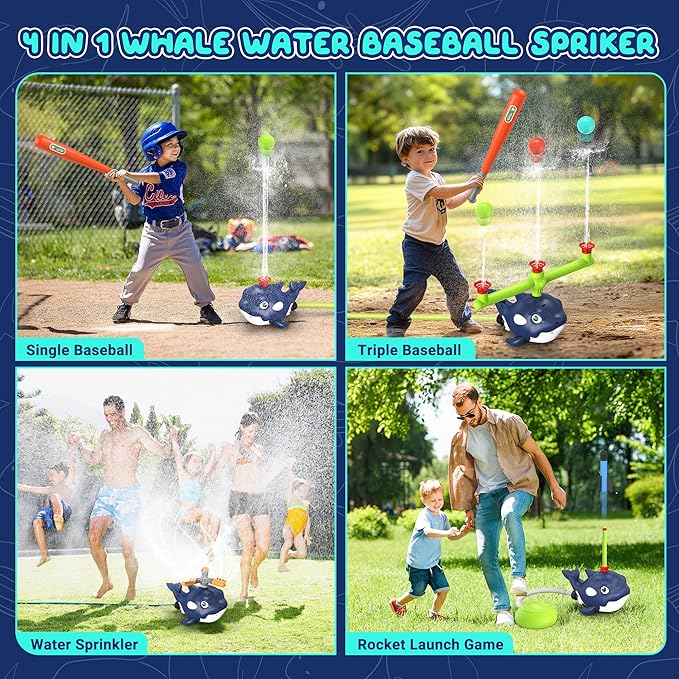 4-in-1 Whale Water Sprinkler Baseball Set for Kids,Summer Water Toy with 3 Jets, 4 Balls and Rocket Launch Game, Kids Sprinklers with 360° Rotating Sprinkler,Outdoor Water Toys for Age 3+ Years