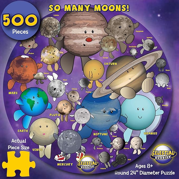 Celestial Buddies So Many Moons! 500 Piece Jigsaw Astronomy Space Puzzle and Poster for Ages 8+ | Educational 23 Moon Poster for Science STEM Learing