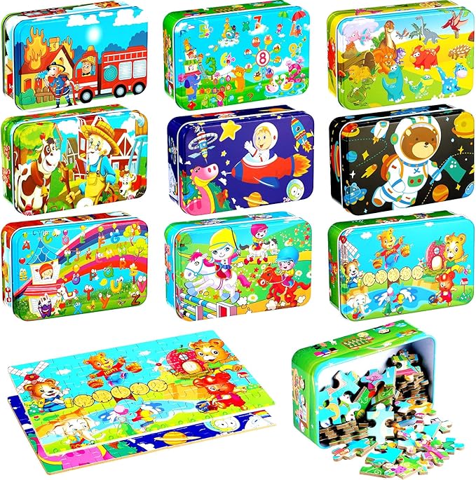 Libima 9 Boxes Party Favors Jigsaw Puzzles in a Metal Box for Age of 4-8 Wooden Puzzle for Ages 4-8 Boys and Girls Learning Educational Toys 9 Styles(Cool Style)