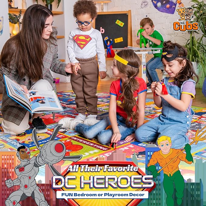 KC Cubs | DC Super Hero ABC Alphabet Traits & Emotions Educational Learning & Game Area Rug Carpet for Kids and Children Bedrooms and Playroom