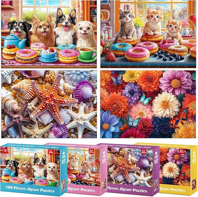 4-Pack Puzzles for Kids Ages 6-8 8-10 Year Old - Cats Dogs Starfish Flower, Large Piece Puzzle for Seniors Adults, 100 Pieces Puzzles for Kids Ages 4-6, Learning Educational Toys for Boys and Girls