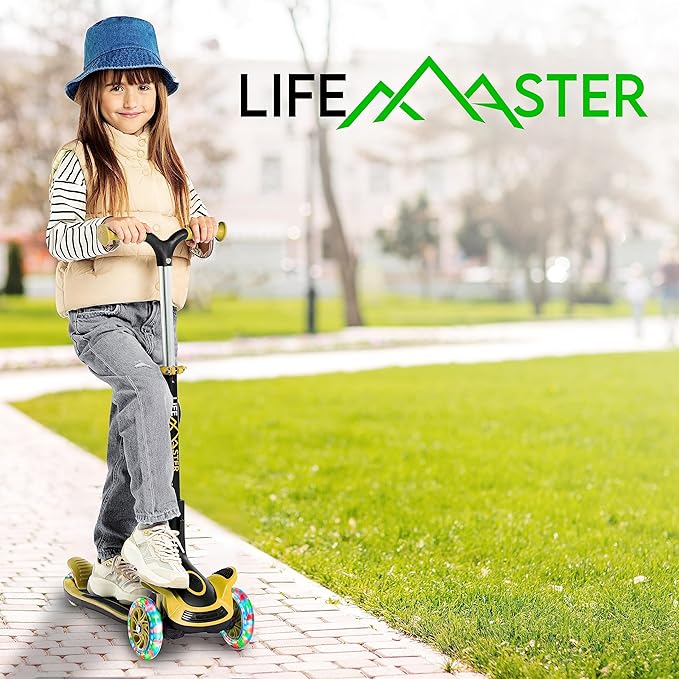 Kids Scooter – Foldable Seat – LED Wheel Lights Illuminate When Rolling – Children and Toddler 3 Wheel Kick Scooter – Adjustable Handlebar – Indoor and Outdoor- by Lifemaster