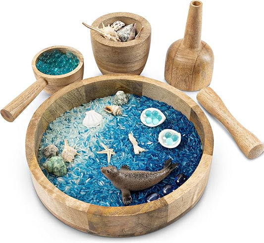 Wooden Funnel & Sensory Play Set – Montessori Pouring, Scooping & Grinding Kit for Loose Parts & Water Play, Natural Mango Wood