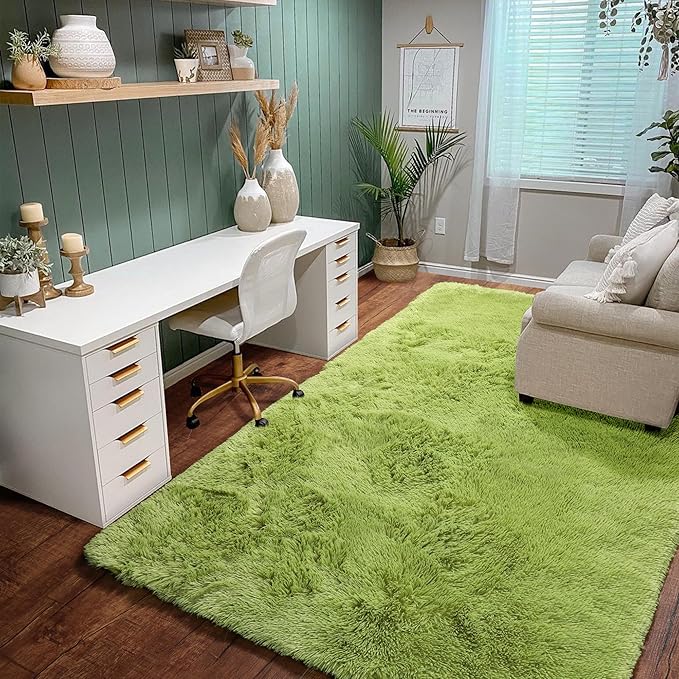 Amdrebio Grass Green Rugs 5x8 for Bedroom Living Room, Fluffy Shag Plush Area Rug for Kids Room Baby Nursery Decor, Modern Fuzzy Floor Furry Cool Shaggy Fuzzy Moss Carpet for Office Dorm Playroom