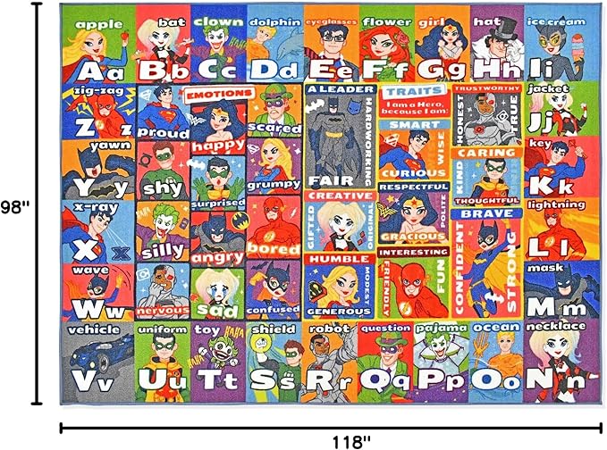 KC Cubs | DC Super Hero ABC Alphabet Traits & Emotions Educational Learning & Game Area Rug Carpet for Kids and Children Bedrooms and Playroom