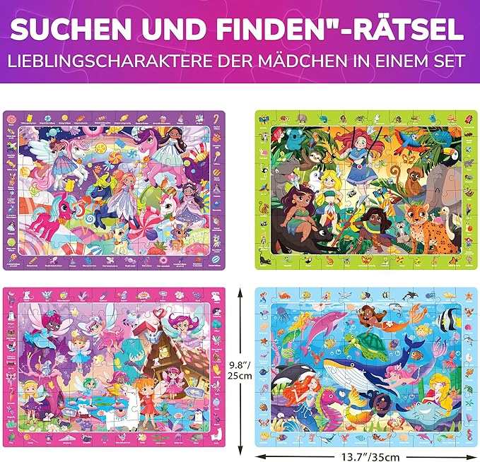 QUOKKA Princess Puzzles for Kids Ages 4-6 - Toddler Puzzles Ages 3-5 - 4-Pack 60 Piece Search and Find Jigsaw Puzzle 6-8 - Unicorn Mermaid Fairy Puzzle for Girls - Learning Educational Toy for 5 Year