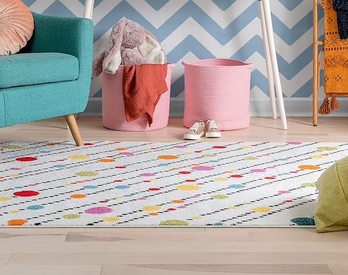 Well Woven Modern Rug Dandy Dots Stripes Ivory 5' x 7'Accent Area Rug Entryway Bright Kids Room Kitchn Bedroom Carpet Bathroom Soft Durable Area Rug