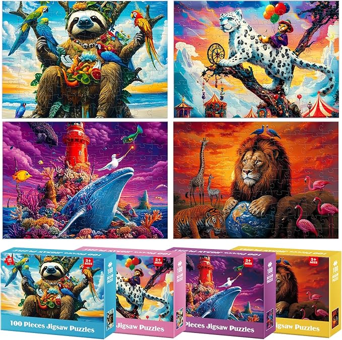100 Piece Puzzles for Kids Ages 4-6 6-8 - Fantastic Creatures Collection Puzzle for Kids Ages 8-10 Large Piece Puzzles for Seniors Adults Jigsaw Puzzles Educational Gifts for Girls Boys Toys 4 Packs