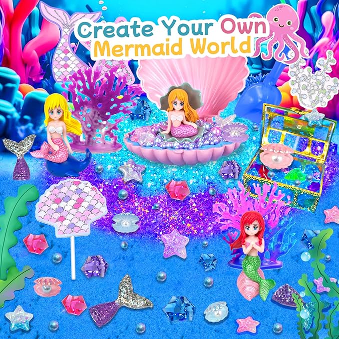 Mermaid Sensory Bin, Play Sand Art Kit with Sandbox & Accessories & Tools & Colorful Sea Shell Conch Starfish Gems Toys Set, Indoor Outdoor Pretend Play Beach Toy Birthday for Girls Boys 3 4 5 6 7 8