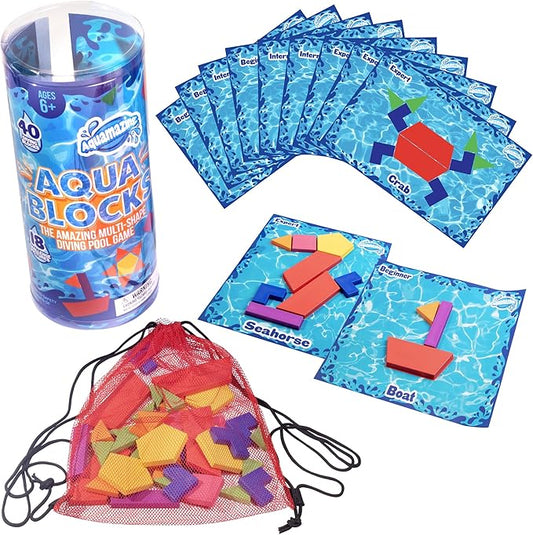 Aqua Blocks Pool Diving Game- Set Includes 40 Multi-Shape Sinking Toys,18 Challenge Cards w 3 Difficulty Levels, Mesh Storage Bag- Kids Swimming Activity Game- Outdoor 4th of July Summer BBQ Party Fun