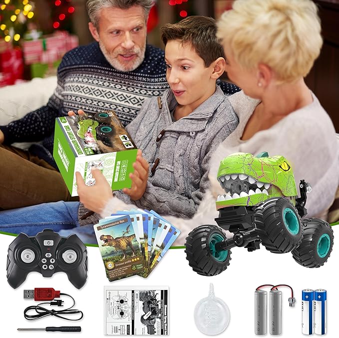 Monster Truck Toys for Boys Age 4-7, Remote Control Dinosaur Cars with Dino FlashCard, T Rex Dinosaur Toys 2 Battery, Spray, Light, Music, Remote Control Car Kids 4 5 6 7 8 Years Old Boy Gift