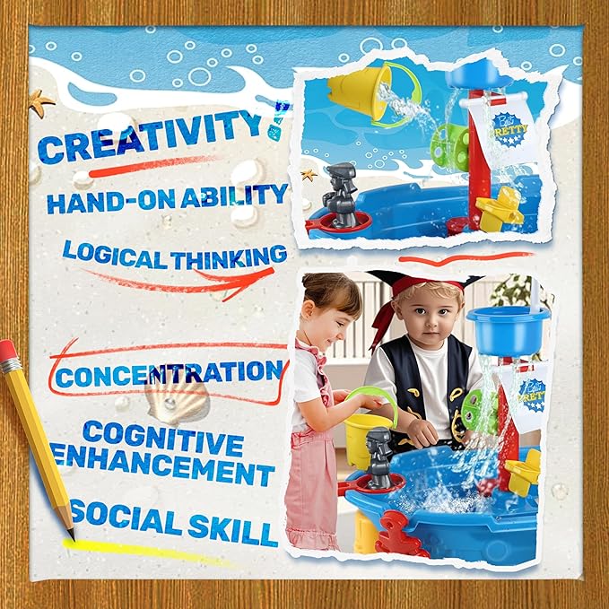 BELLOCHIDDO Water Table for Toddlers 1-3 - Ship Beach Toy Boat for Toddler, Summer Toys Kids Water Play Table & Sandbox, Water Toy Accessories for Boys Girls