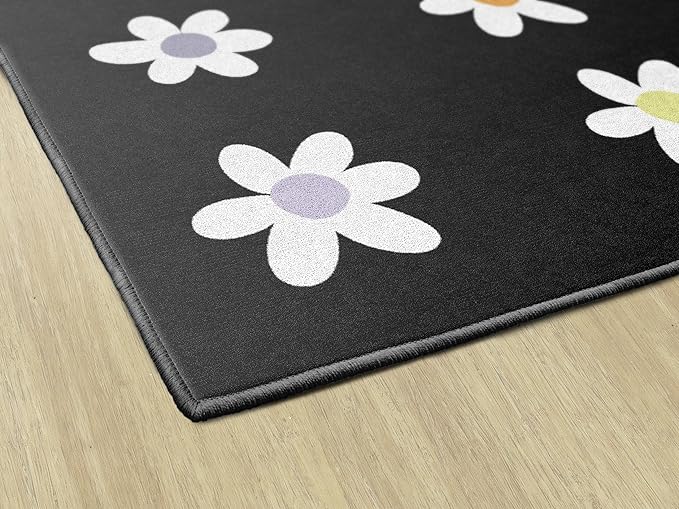 Flagship Carpets Schoolgirl Style Daisies on Black Criss-Cross Applesauce Educational Area Rug for Kids Room, Children's Classroom, Play Carpet for Teaching and Playroom, 7'6" x 12', Seats 32
