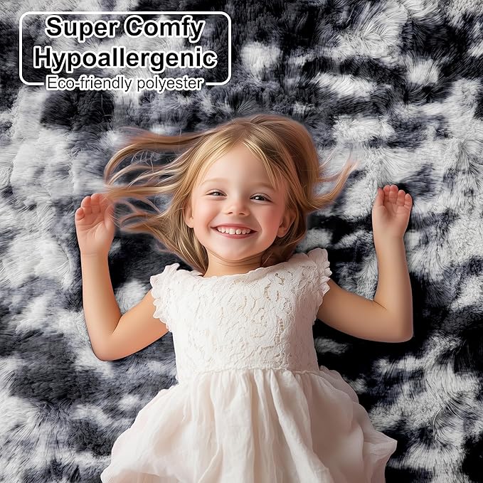 PAGISOFE Black White Grey Bedroom Rugs 4x6 Ft, Soft Fluffy Fuzzy Plush Indoor Floor Area Rug for Living Room Kids Room Playroom Dorm Home Office Nursery Men Boys Rooms Decor Carpet Aesthetic