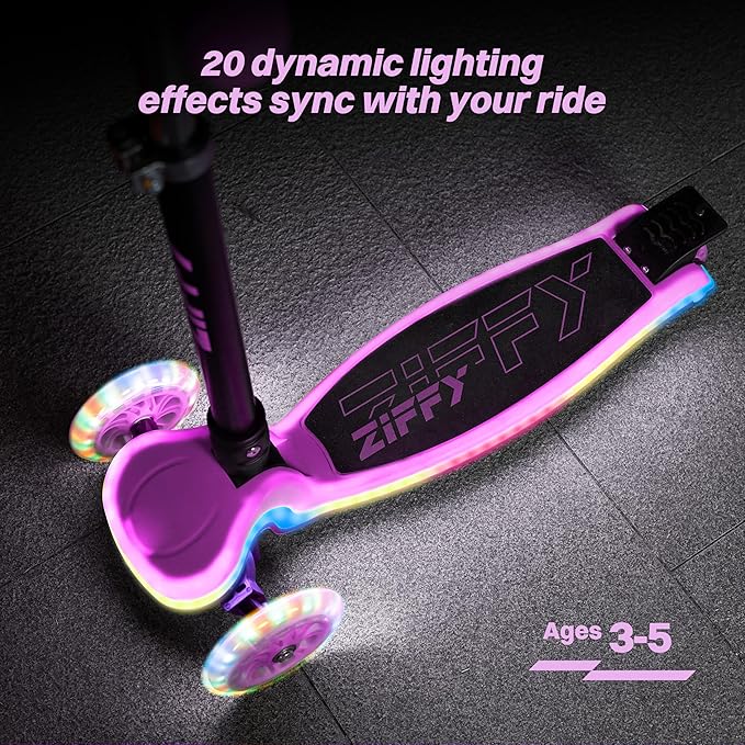 ZIFFY Kids Scooter for Boys & Girls LED Light-Up Wheels, 4 Adjustable Height Handlebars, and Lean-to-Steer Design with Anti-Slip Wide Deck for Stability - Up to 110LBS